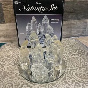 Chadwick Glass Nativity Set 7 Piece Clear Figurines Mirrored Base 1995 Vintage
